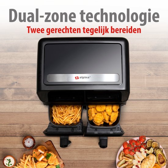 Alpina Double Airfryer XXL - Friteuse à air chaud 2x4 L - Air Fryer avec écran tactile numérique - Four à air chaud pour 6 personnes et plus - 8 programmes de cuisson - Mode Sync - Fonction minuterie