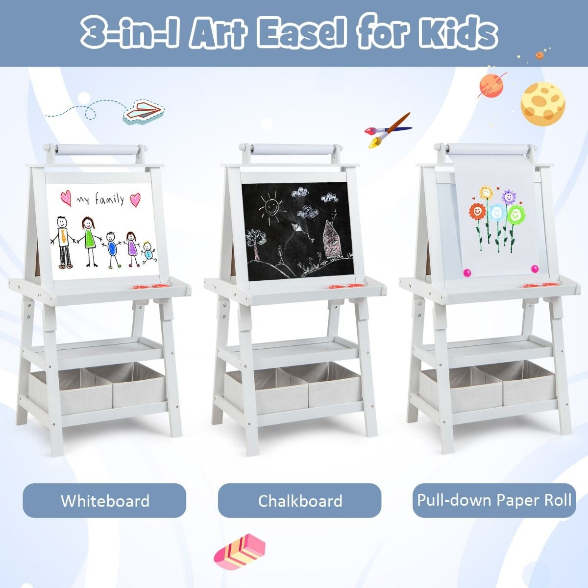 Coast 3 in 1 Children's Easel - Whiteboard & Chalkboard - incl. Magnets 2 Shelves - Beige - 59 x 50 x 117 cm