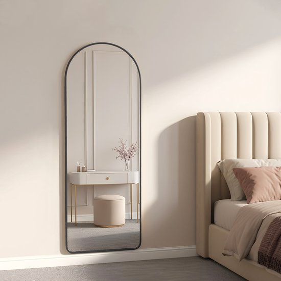 Miroir Fraay 160 x 55 cm - À poser ou à accrocher - Verre trempé - Miroir mural minimaliste - Miroir sur pied - Noir