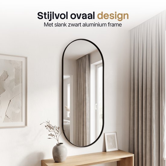 Miroir mural Infinity Goods ovale - 160 x 50 cm - Miroir design - Miroir à fixation murale - Bordure métallique - Style moderne - Miroir de dressing - Noir