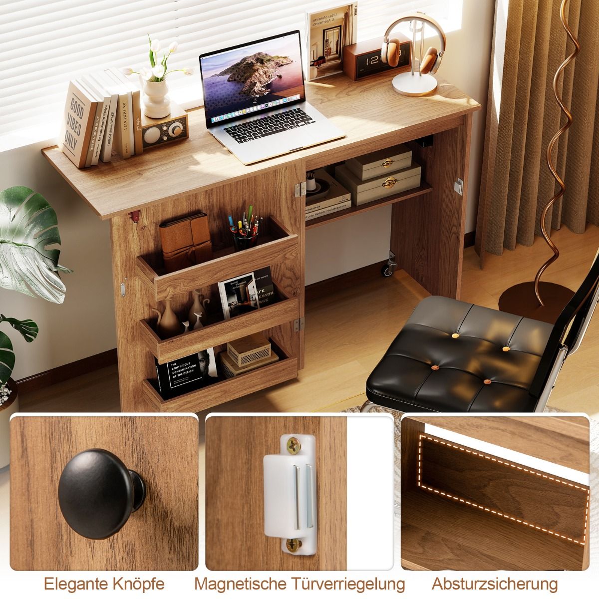 Meuble de couture pliable Coast - 2 en 1 avec station de recharge et étagères de rangement - couleur naturelle
