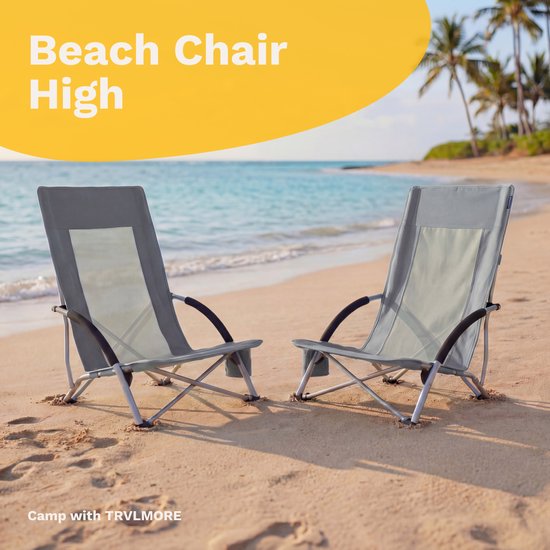 TRVLMORE Chaises de plage - Lot de 2 - Pliables et démontables - Capacité de charge de 130KG - Légères - Avec sac de transport et porte-gobelet - Dossier haut - Gris