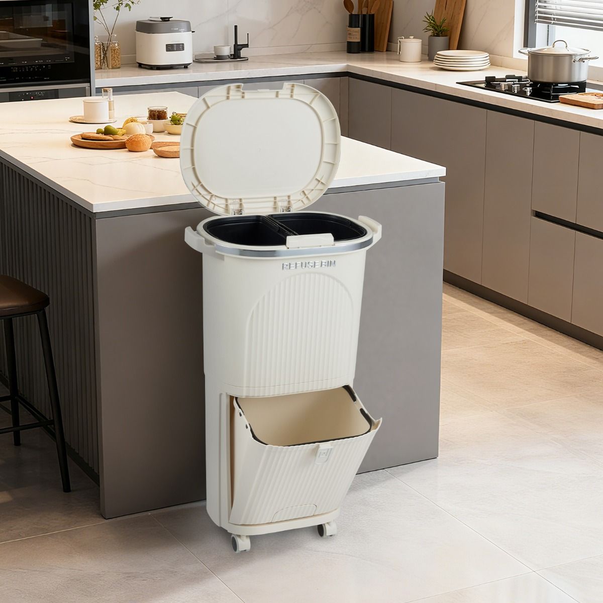 Poubelle de tri sélectif Coast sur roulettes - 3 compartiments - Pédale et bouton-poussoir - Beige - 38 litres