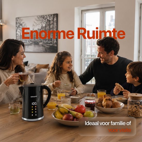 Bouilloire électrique KRAFT avec réglage de la température - 1,7 litre - Écran tactile LED - Noir - 2 200 W