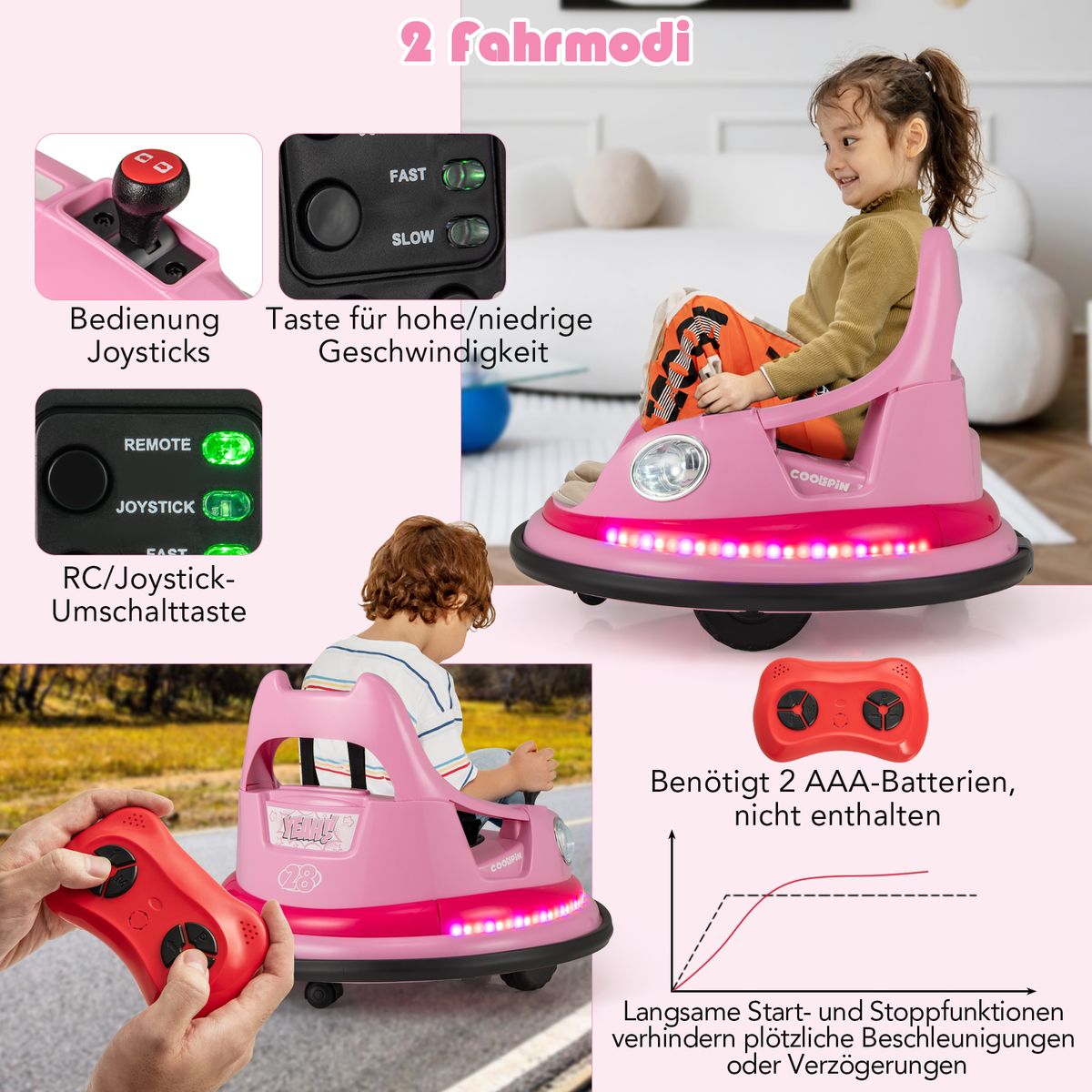 Coast : voiture de collision électrique pour enfants - 12 V avec télécommande et deux manettes - rose