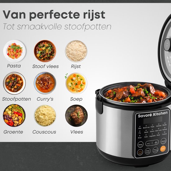 Savoré Kitchen Rice Cooker with Steamer - 3L - 14 Programmes - Multicooker - Rice Cooker - Slow Cooker - PFAS Free - Black stainless steel