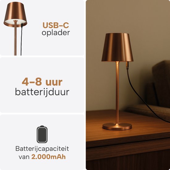 Lampe de table sans fil - Sans fil et rechargeable via USB-C – 3 couleurs de lumière LED – Intérieur et extérieur – Lot de 2 pièces - Bronze - BREND BR-2247