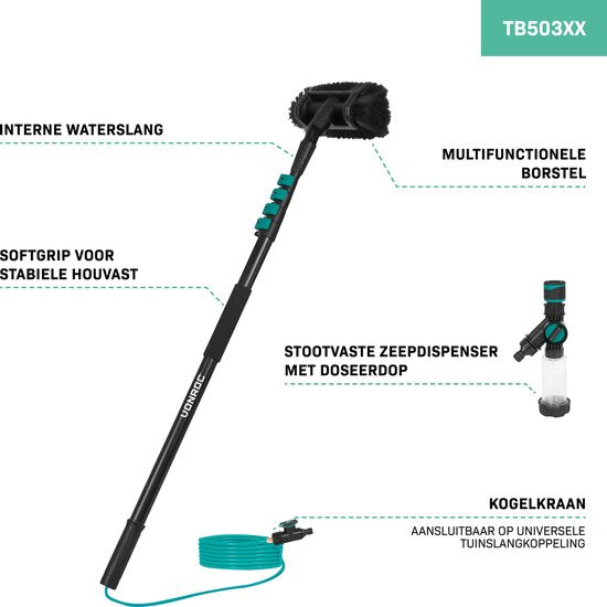 Brosse à laver télescopique - VONROC - 4.60m - Tête de brosse, tuyau d'eau et distributeur de savon inclus