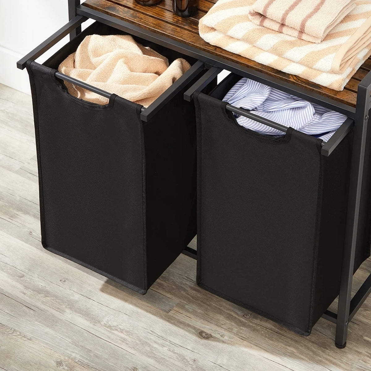 Panier à linge JOYFURNOS à 2 compartiments - 2 x 46 litres - 73 x 33 x 72 cm - Marron-noir vintage