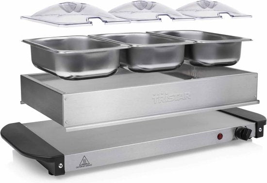 Tristar BP-6283 - Réchauffeur de buffet 200 W - Chafing dish - 3 x 1,4 litre - Avec couvercle - Acier inoxydable