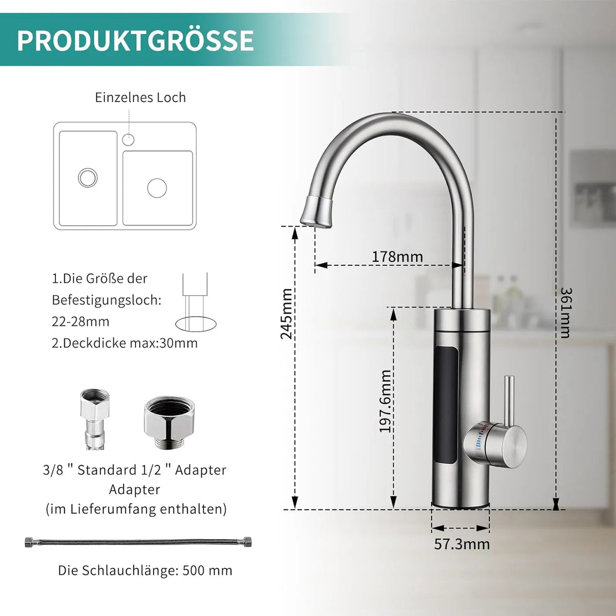 Robinet de cuisine électrique HOMELODY avec chauffe-eau instantané - 3 000 W - 230 V - Écran LED - Acier inoxydable - Argent brossé