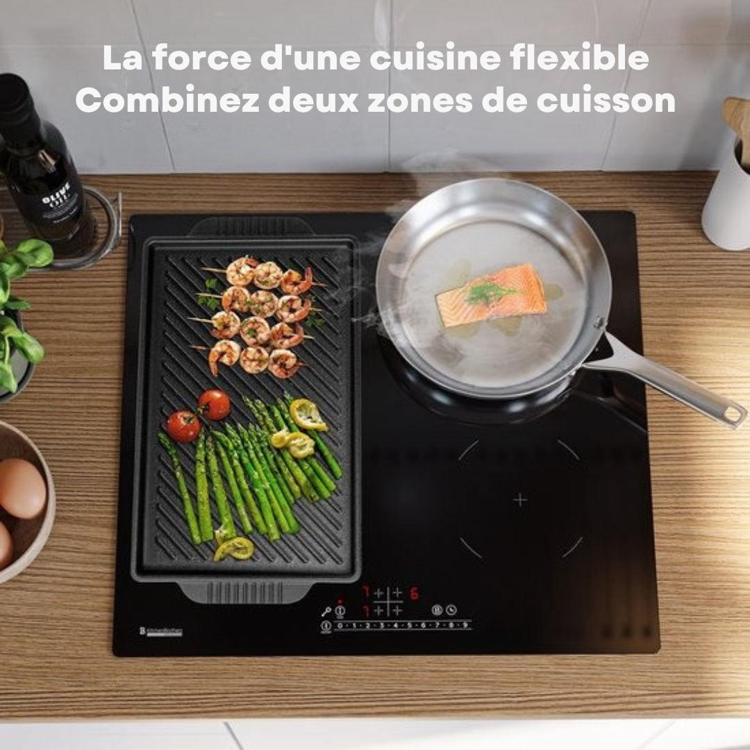 Plaque de cuisson à induction KitchenBrothers  - Plaque de cuisson à induction autoportante - 60 cm - 4 zones - 1x Flexzone - 1 phase - Jusqu'à 3500W - Argent/RVS