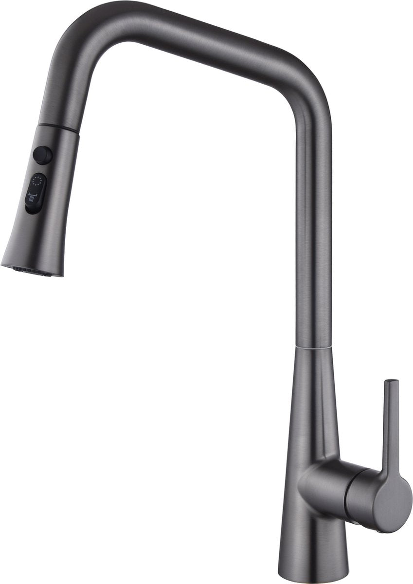 Inspire - Robinet de cuisine pour comptoir - nickel brossé - équipé d'un arroseur rabattable et d'un réglage du jet à 3 voies et de vannes en céramique - pour la cuisine et l'utilitaire - métal gris