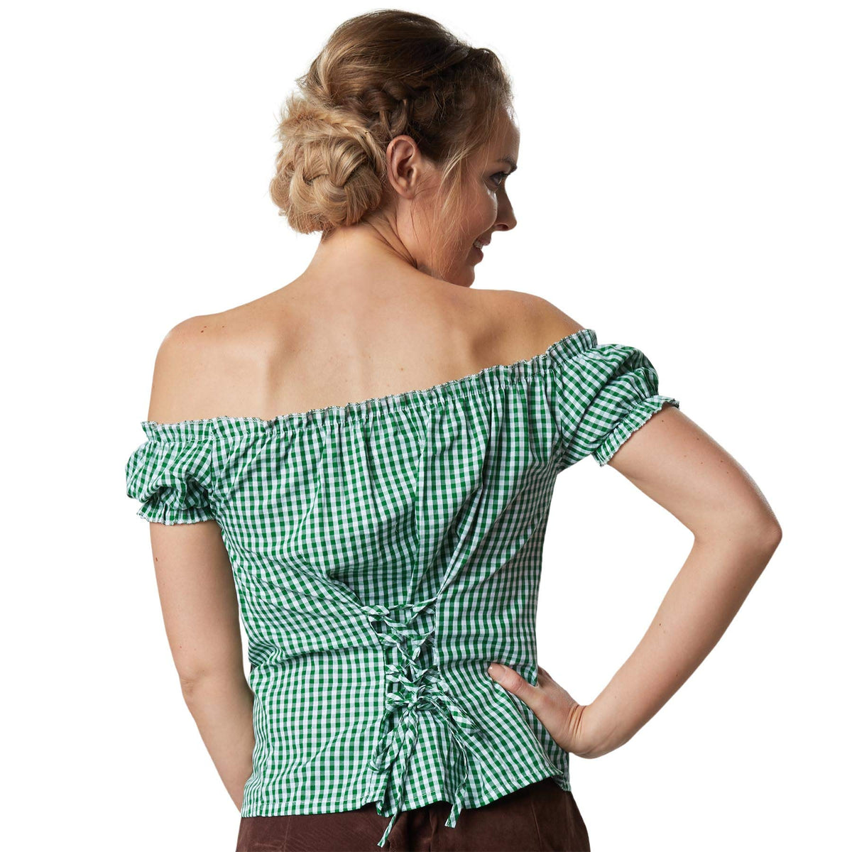 Dressforfun Ina, chemisier traditionnel 900620 - Taille L - carreaux verts et blancs - encolure Carmen - manches courtes