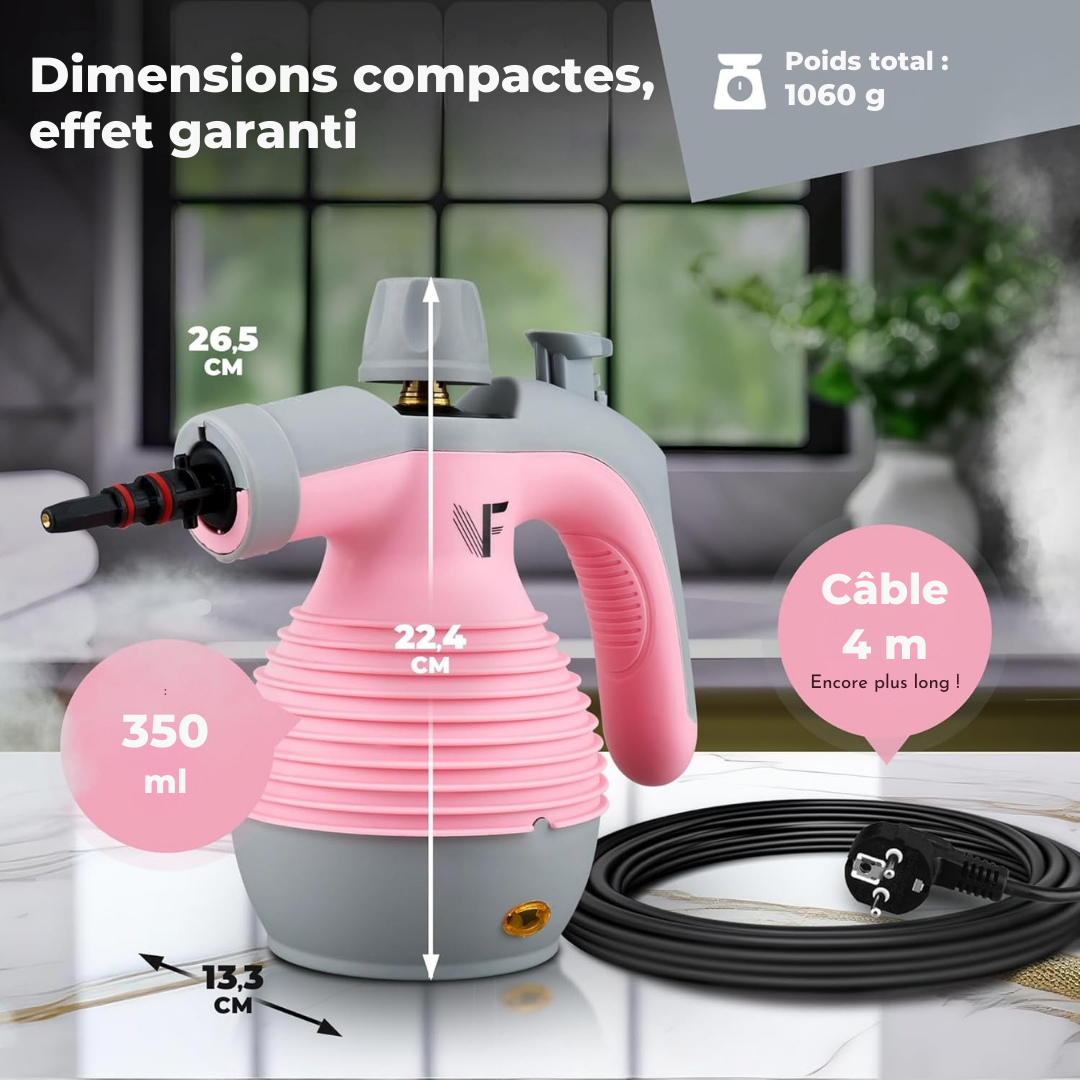 Nettoyeur vapeur à main – Réglage de la vapeur – Comprend 10 accessoires – Réservoir de 350 ml – Rose