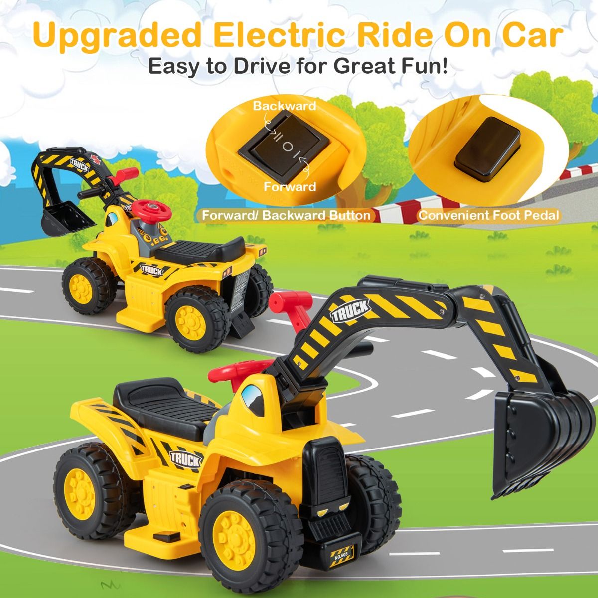 Pelleteuse électrique Coast pour enfants - Avec godet orientable - Effets sonores - Jaune et noir