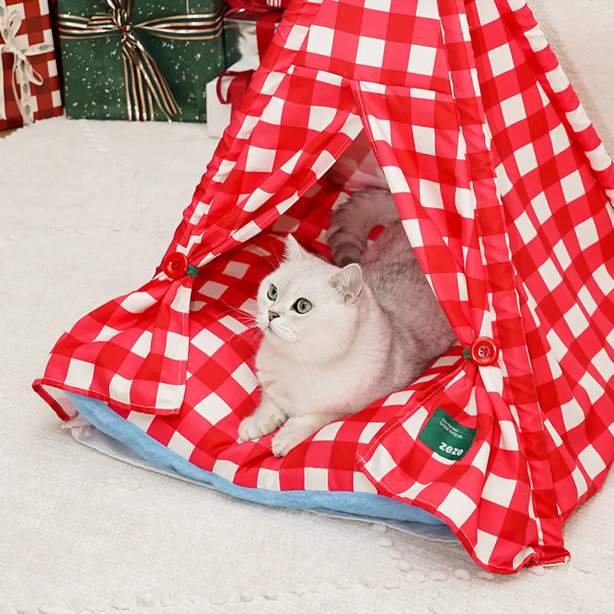 Tente pour animaux de compagnie Zeze avec bonnet de Noël - à carreaux rouges et blancs - 60 × 60 × 78 cm