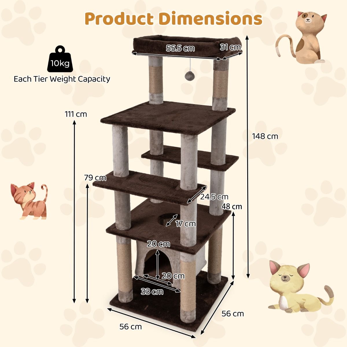 Arbre à chat Coast - plusieurs niveaux - maison pour chat à bascule - panier en peluche - marron - 56 x 56 x 148 cm