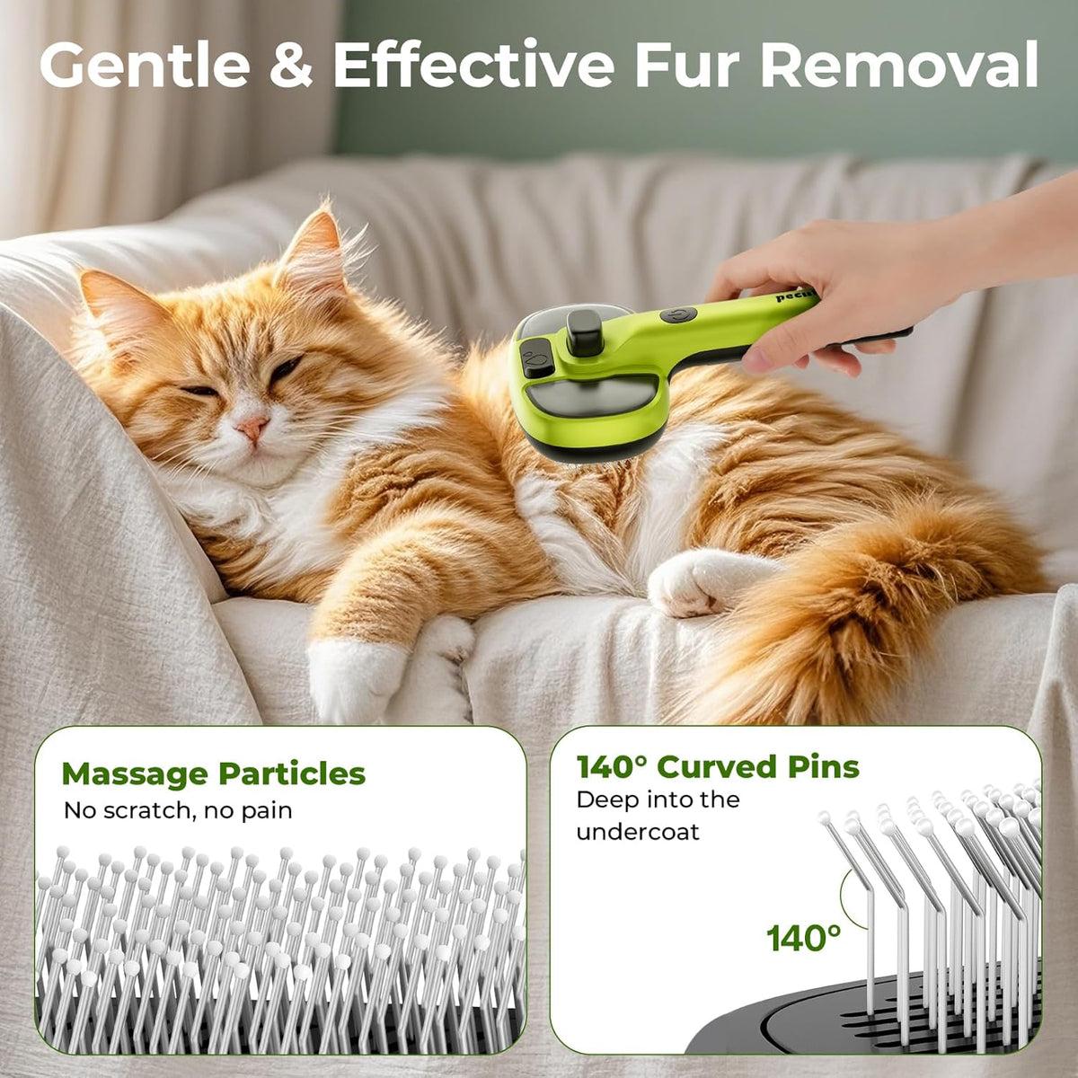 Brosse à vapeur Pecute pour animaux de compagnie, réservoir d'eau de 55 ml, autonettoyante en un clic, brosse de toilettage en acier inoxydable rechargeable par USB pour chats et chiens, verte