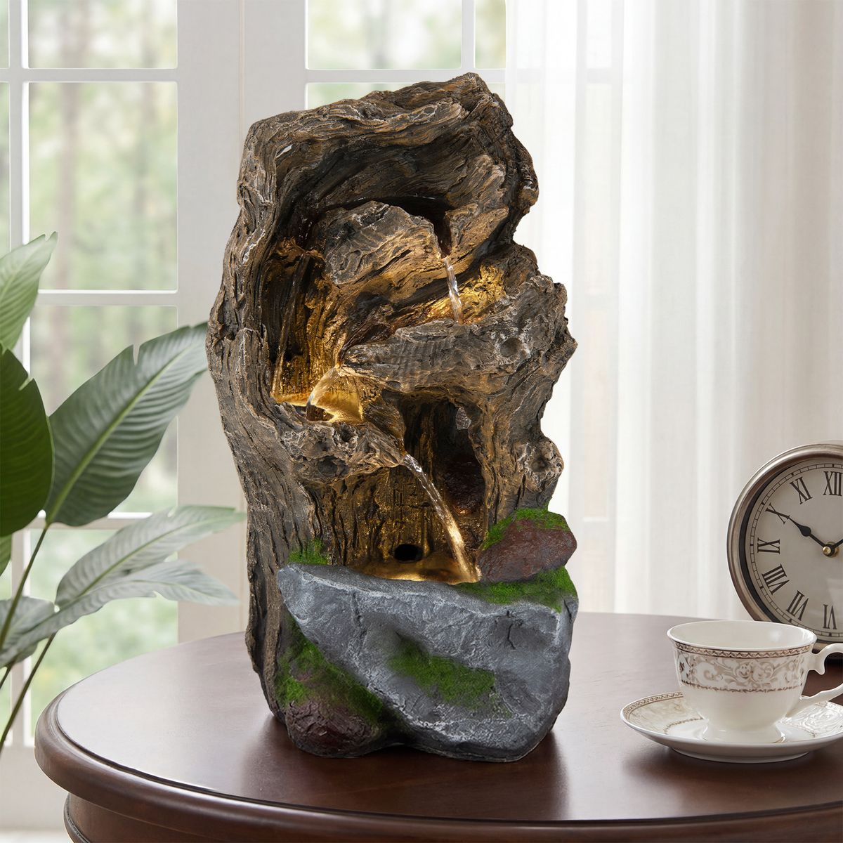 Fontaine de jardin Coast à 4 niveaux - Éclairage LED - Résistante aux intempéries - Marron, 26 x 28 x 53 cm