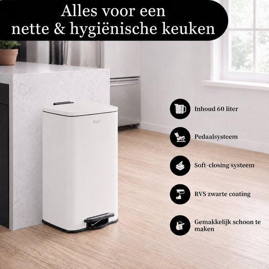 Poubelle Bayt - Poubelle 60 litres - Poubelle à pédale 60 litres - Poubelle 60 litres - Corbeille à déchets - Acier inoxydable - Blanc crème