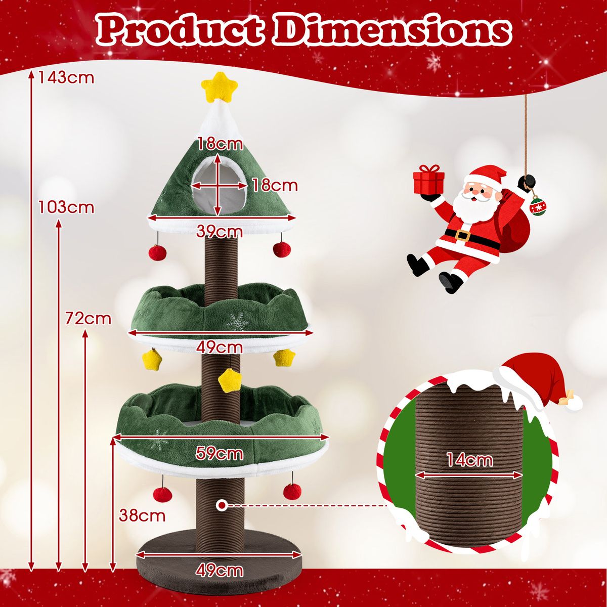 Arbre à chat Coast - motif sapin de Noël - avec grotte au sommet et boules suspendues - vert 143 cm