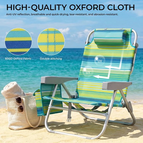 Lot de 2 chaises de plage de luxe - Réglables (5 positions) - Pliables avec sangles de sac à dos, sac isotherme et porte-serviettes - Rayures vertes et bleues