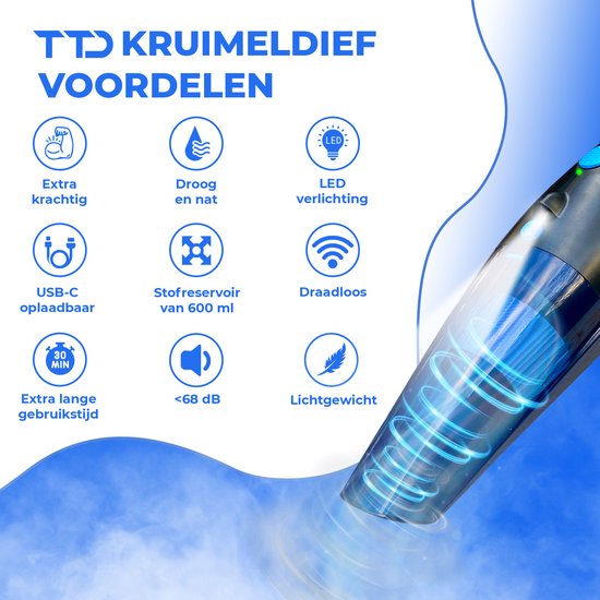 TTD® Premium Aspirateur de voiture sans fil avec sac de rangement de luxe - Extra puissant 14 000 Pa - humide et sec - 2 filtres HEPA de qualité supérieure inclus - Aspirateur de miettes sans fil - Aspirateur de voiture - Aspirateur à main - Dépoussiéreur