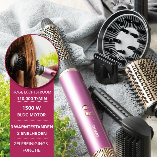 DOMO DO54782HS Airstyler 7-en-1 - Brosse soufflante - Multistyler - Brosse à boucler - Brosse lissante - Sèche-cheveux avec 7 embouts - Violet/Or