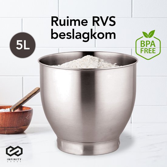 Infinity Goods Robot de cuisine - Mélangeur de cuisine - Bol de mélange en acier inoxydable de 5L - Robot de cuisine - Robot ménager - Accessoires inclus - 1000W - Noir