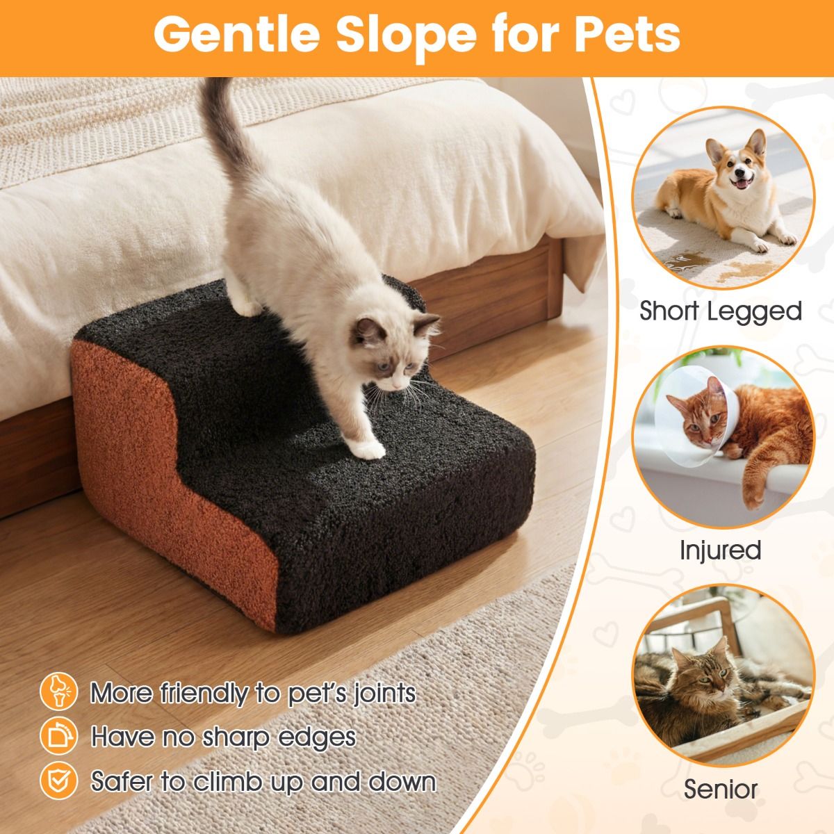Rampe pour chiens Coast à 2 marches - escalier flexible pour animaux de compagnie - antidérapante - noir et marron/gris et blanc