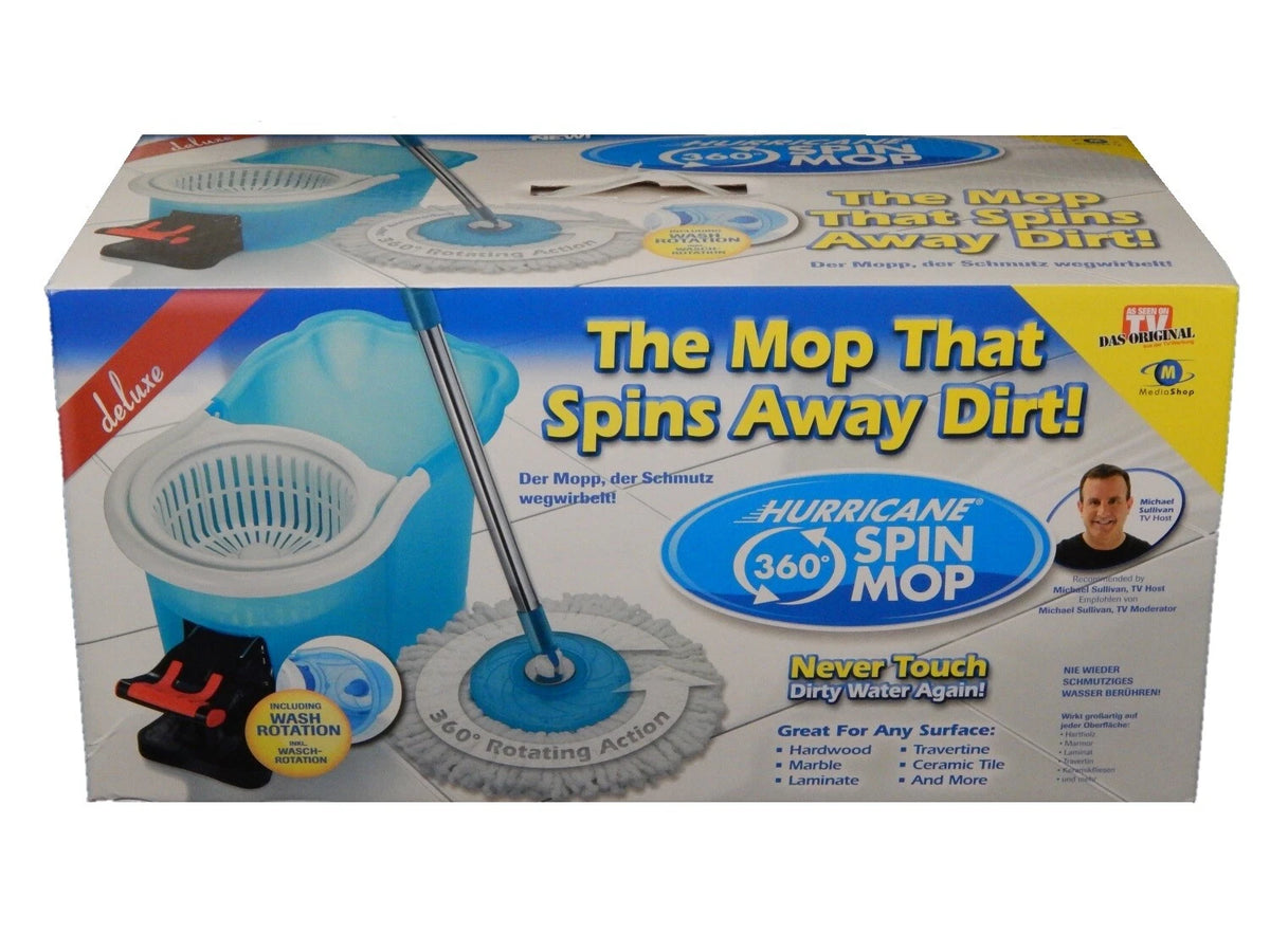 Hurricane Spin Mop Deluxe - Kit de nettoyage avec seau, fonction de lavage et essoreuse - Serpillière en microfibre avec articulation pivotante à 360° - Bleu/Blanc