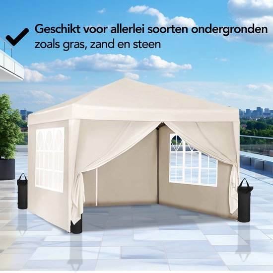 Brixy Party Tent - Pliable - Facile à monter - 3x3m - Imperméable - Pavillon avec parois latérales - Sac de transport inclus - Crème