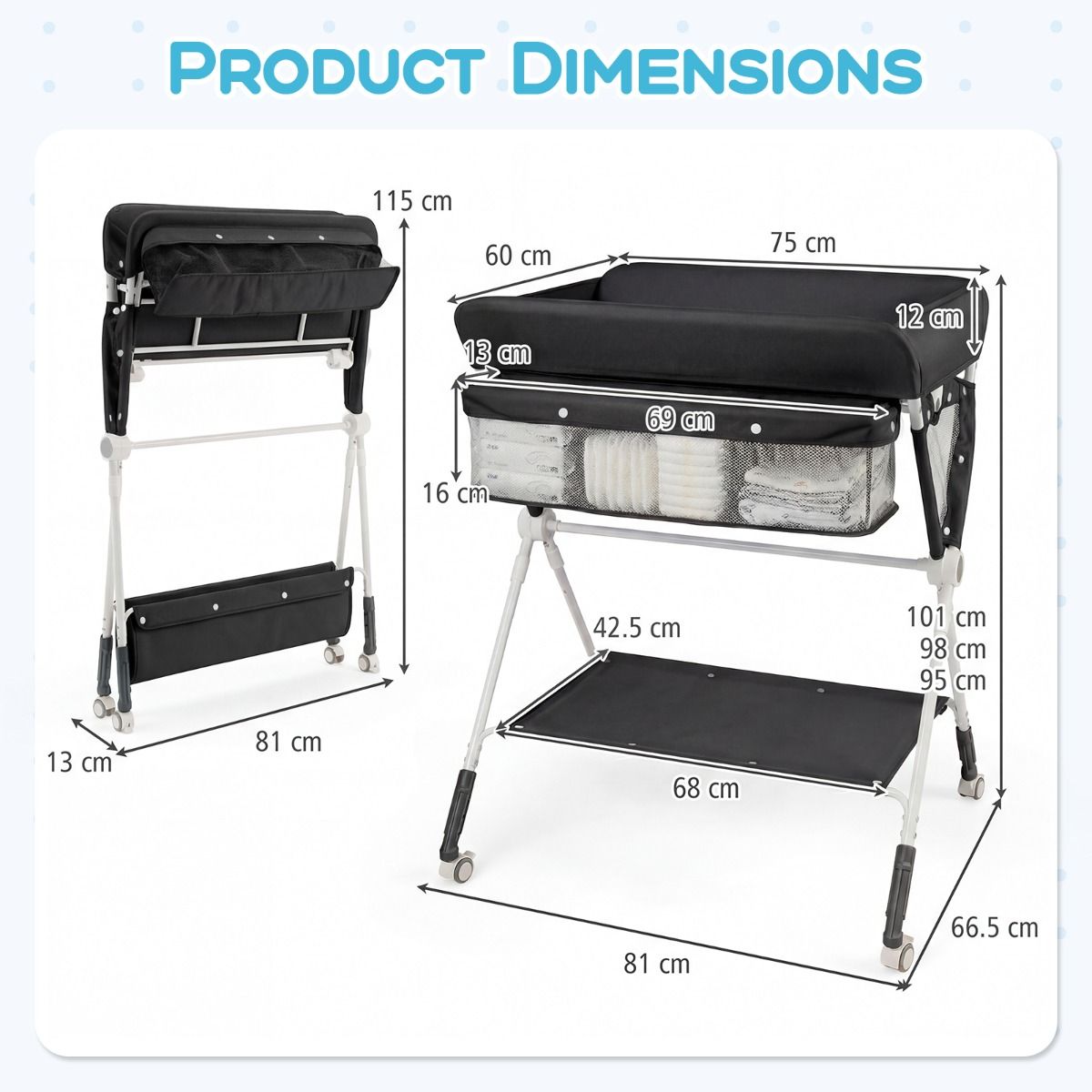 Table à langer pliable Coast - Hauteur réglable sur 3 niveaux - Avec espace de rangement et roulettes - 81 x 66,5 x 95-101 cm