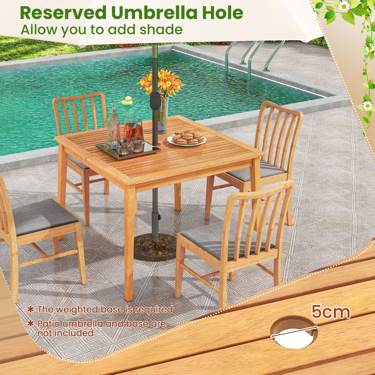 Table de jardin Coast en bois d'acacia - carrée - avec trou pour parasol - couleur naturelle - 100 x 100 cm