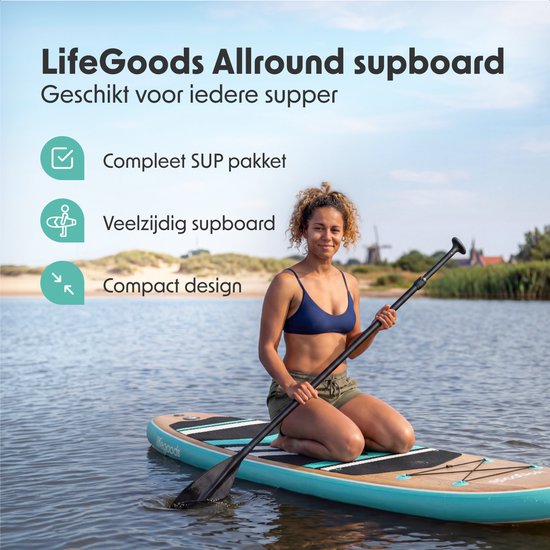 LifeGoods PaddlePro SUP Board - Planche à pagaie gonflable - Ensemble complet - Max. 150KG - 320x81cm - Bois/Vert Menthe