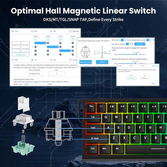 ATTACK SHARK X68HE - Clavier gaming filaire à commutateurs magnétiques - 66 touches - RGB - Touches PBT imprimées sur les côtés - Lanière décorative - 8 kHz - 0,01 mm RT - 0,125 ms - Contour noir