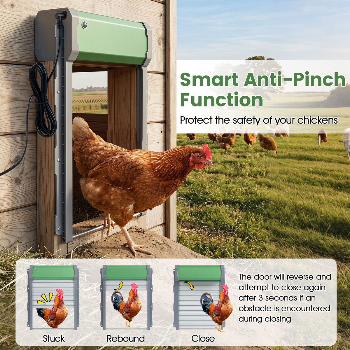 Trappe automatique pour poules Coast - énergie solaire - 4 modes de fonctionnement - vert et argent