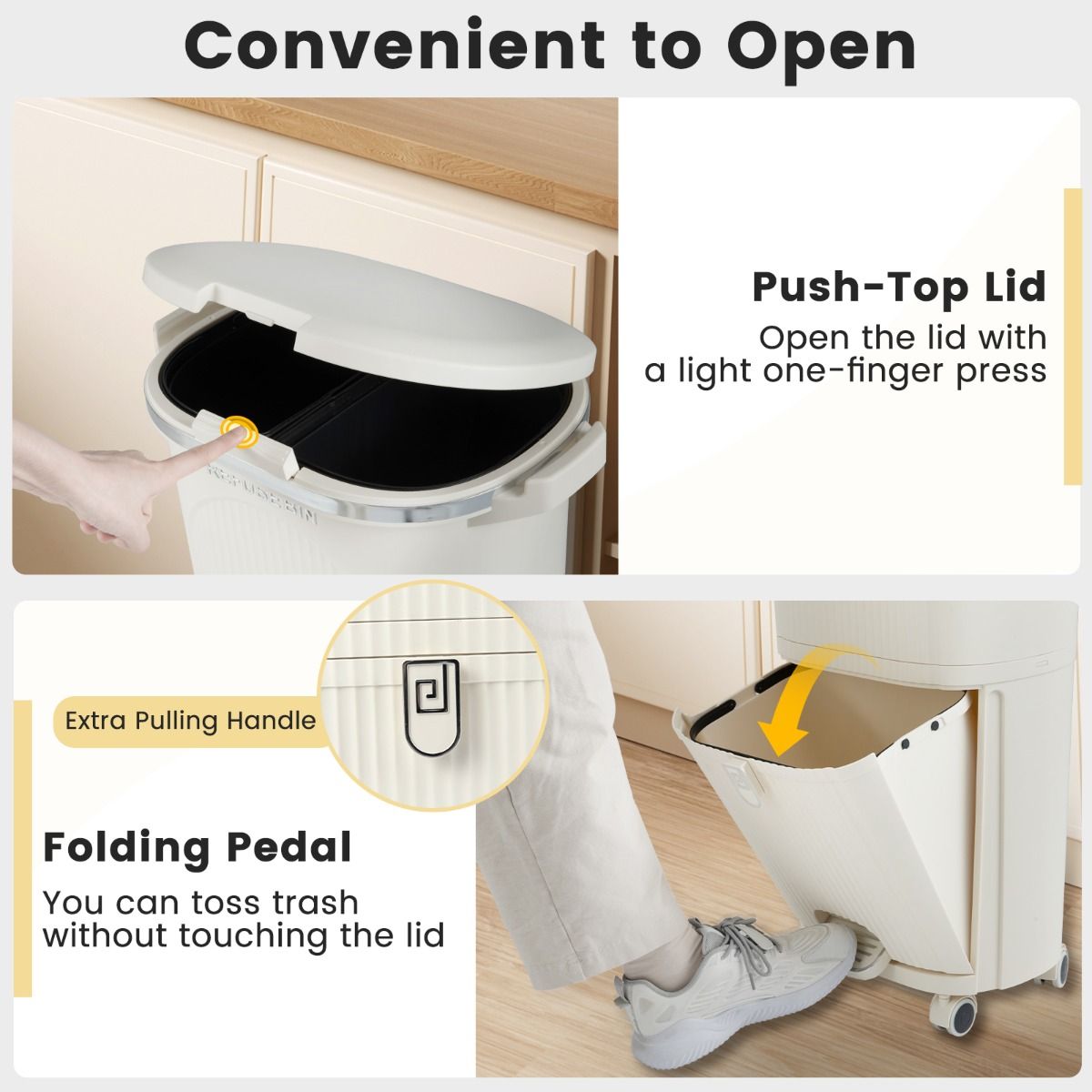 Poubelle de tri sélectif Coast sur roulettes - 3 compartiments - Pédale et bouton-poussoir - Beige - 38 litres