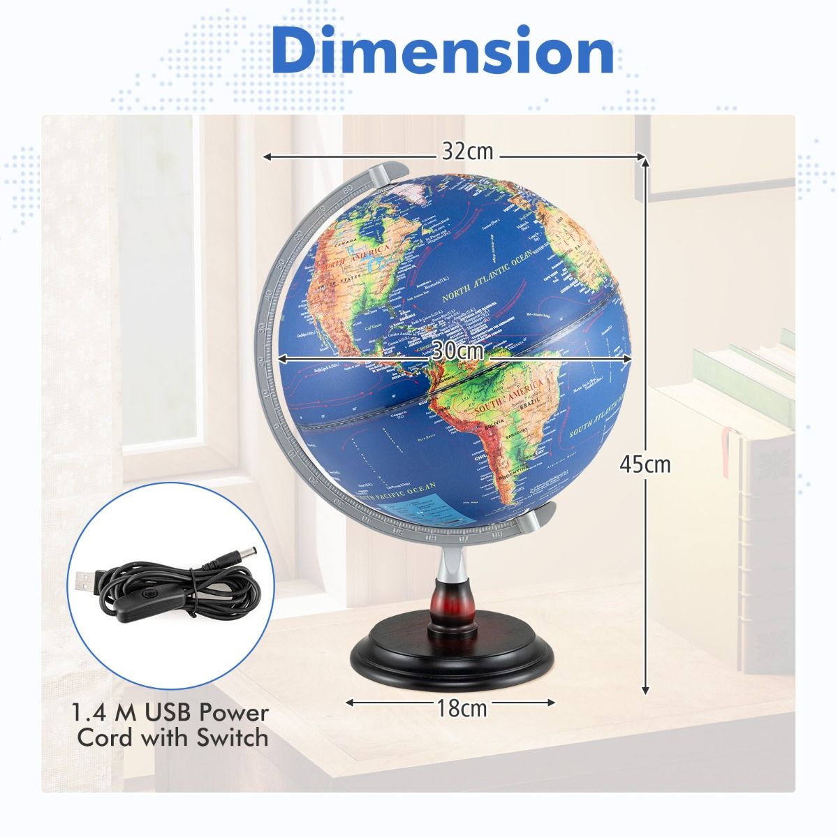 Globe terrestre lumineux Coast - Rotation à 360° - Socle en bois - Bleu marine - 32 x 32 x 45 cm