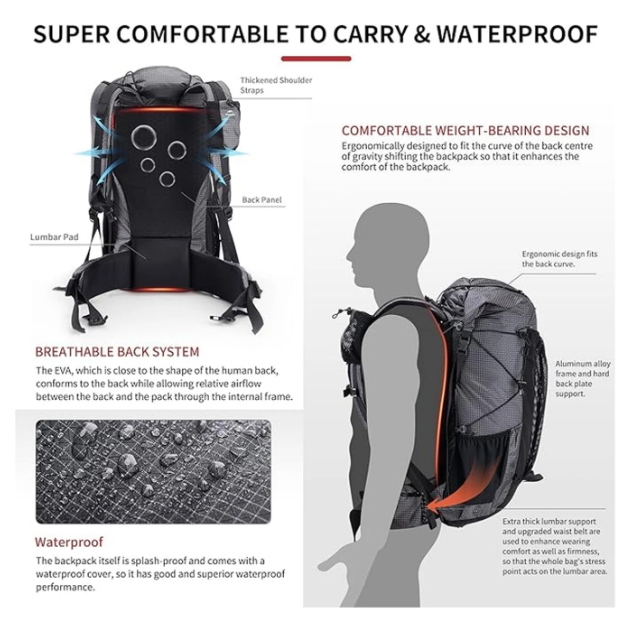 Sac à dos de randonnée Naturehike Rock 40+5 L - Armature interne, housse de pluie, nylon
