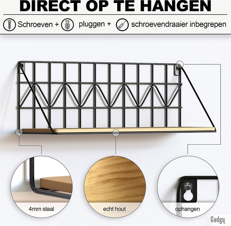 Gadgy Wandrekken Industrieel - Set van 2 - Wandrek Zwart met Hout - Wanddecoratie Woonkamer - Muurdecoratie Metaal - Wandplank zwevend voor Slaapkamer - Boekenrek – 45 cm