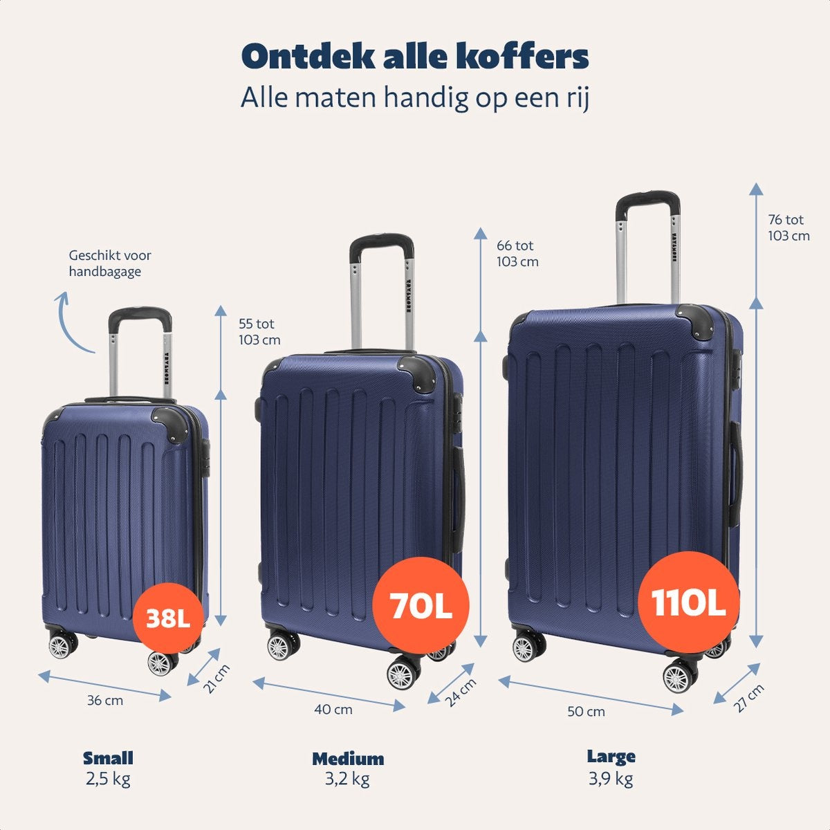 Set de valises TRVLMORE - 3 pièces - 38L + 70L + 110L - Bleu foncé