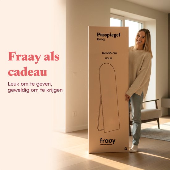 Miroir Fraay 160 x 55 cm - À poser ou à accrocher - Verre trempé - Miroir mural minimaliste - Miroir sur pied - Doré