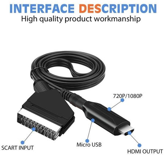 Adaptateur SCART vers HDMI - Adaptateur audio-vidéo tout-en-un SCART vers HDMI 1080p/720p - Livré avec un câble HDMI, un câble d'entrée SCART et un port de sortie HDMI - Compatible avec les téléviseurs HD, les décodeurs, les magnétoscopes VHS, la Xbox, la