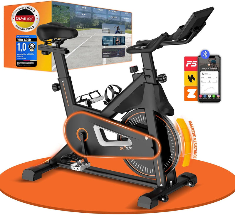 Vélo d'appartement magnétique DH FitLife - Noir - 120 x 53 x 110 cm - Silencieux, réglable, cardiofréquencemètre
