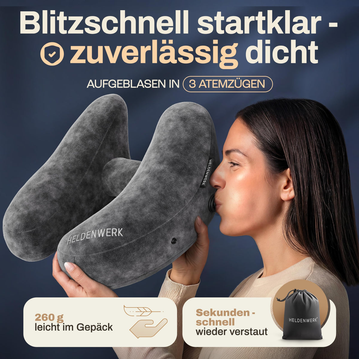 Oreiller cervical Heldenwerk - Gonflable - Valve Comfort - Capuchon - Grand format - Gris foncé