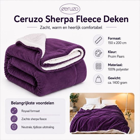 Couverture en polaire Ceruzo Sherpa 150 x 200 cm - Violet prune - Plaid doux - Lavable à 30 °C
