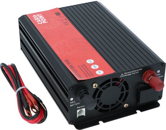 Convertisseur Carpoint - 12 V > 230 V - Onde sinusoïdale pure - Puissance continue 500 W - Puissance de crête 1 000 watts – Prise de sortie française/belge – Raccordement permanent à la batterie - Résistant aux chocs - Ventilateur de refroidissement à rég