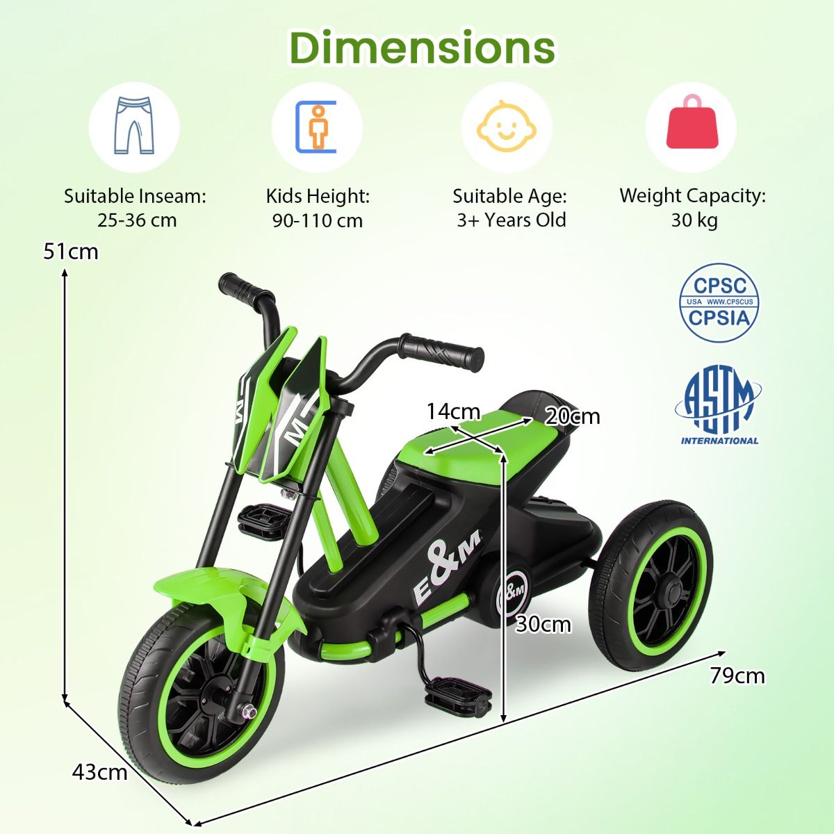 Tricycle pour enfants Coast - cadre triangulaire stable - limiteur de braquage - vert